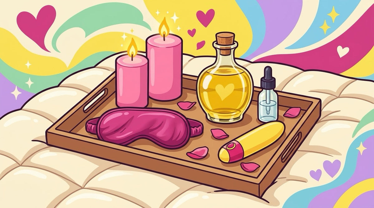Ilustración de una bandeja romántica con dos velas encendidas, aceite de masaje, antifaz de satín, lubricante y una bala vibradora con corazones.