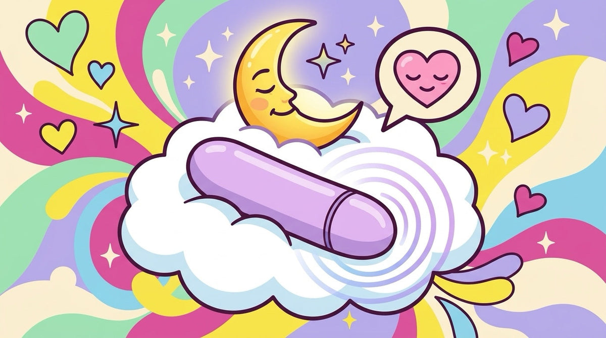 Ilustración de un vibrador sobre una nube suave con ondas de sonido pequeñitas, una luna creciente y corazones en silencio.