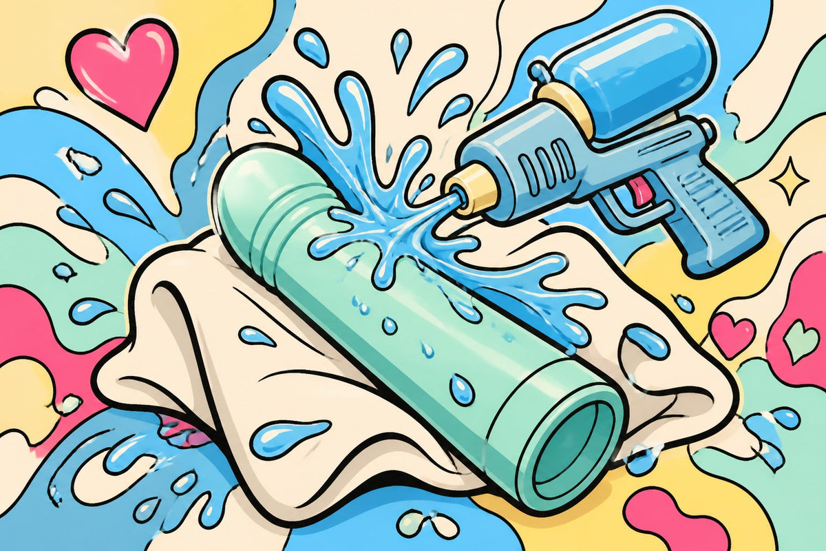 Ilustración gráfica de Cómo limpiar y secar un masturbador masculino: desinfección y talco, sin personas.