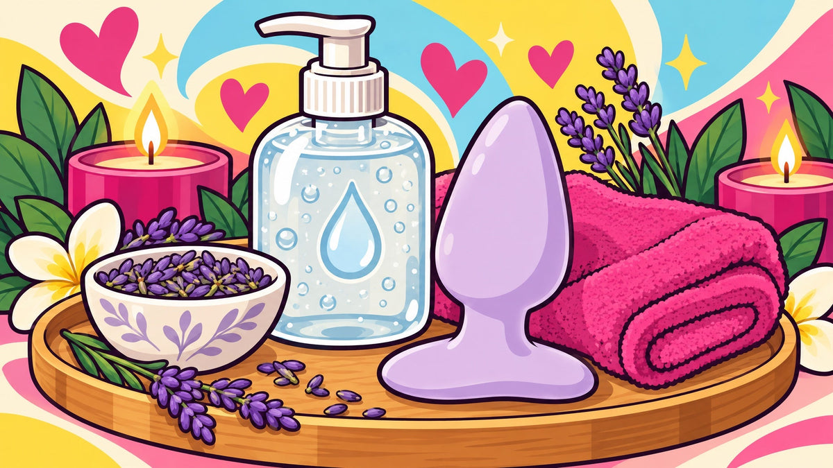 Ilustración de un plug de silicona suave con base ancha de seguridad sobre una toalla limpia junto a un frasco de lubricante íntimo, sin personas.