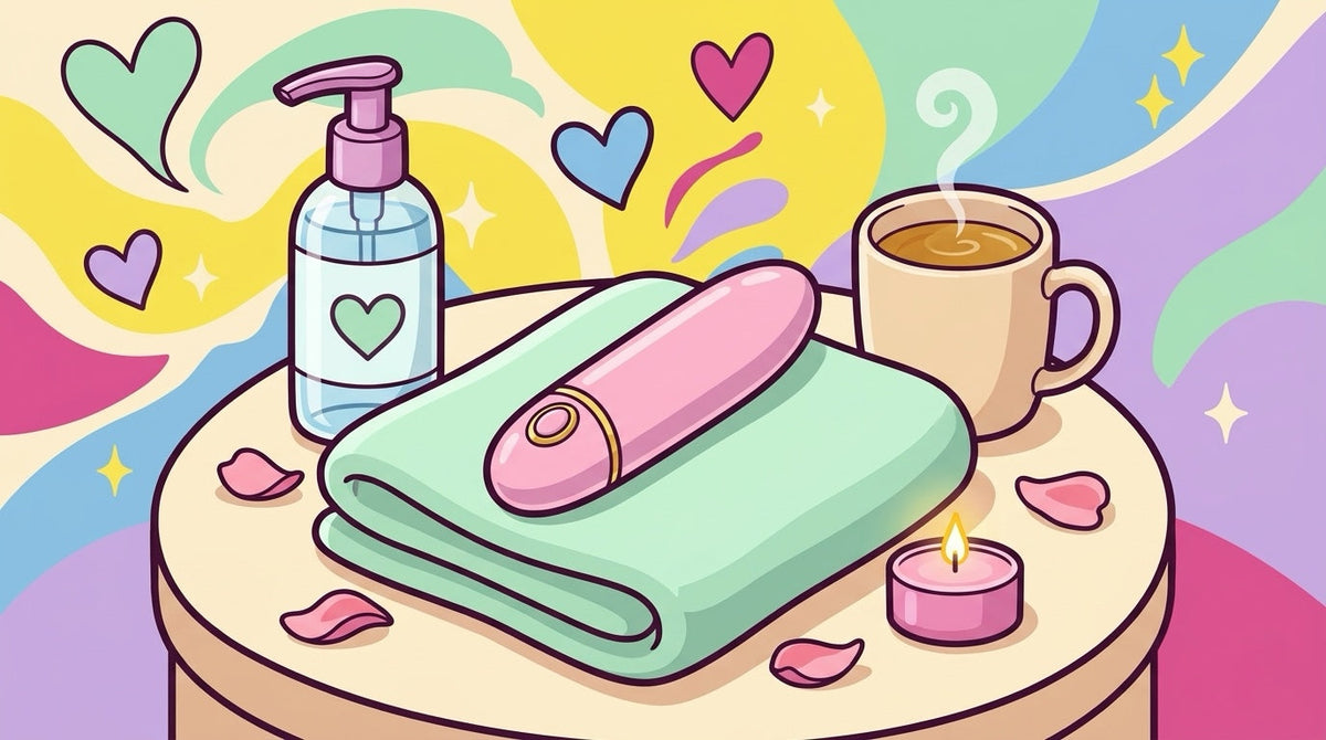 Ilustración cálida de una mesa de noche con un vibrador, un frasco de lubricante con corazón, una taza de té y una vela encendida.
