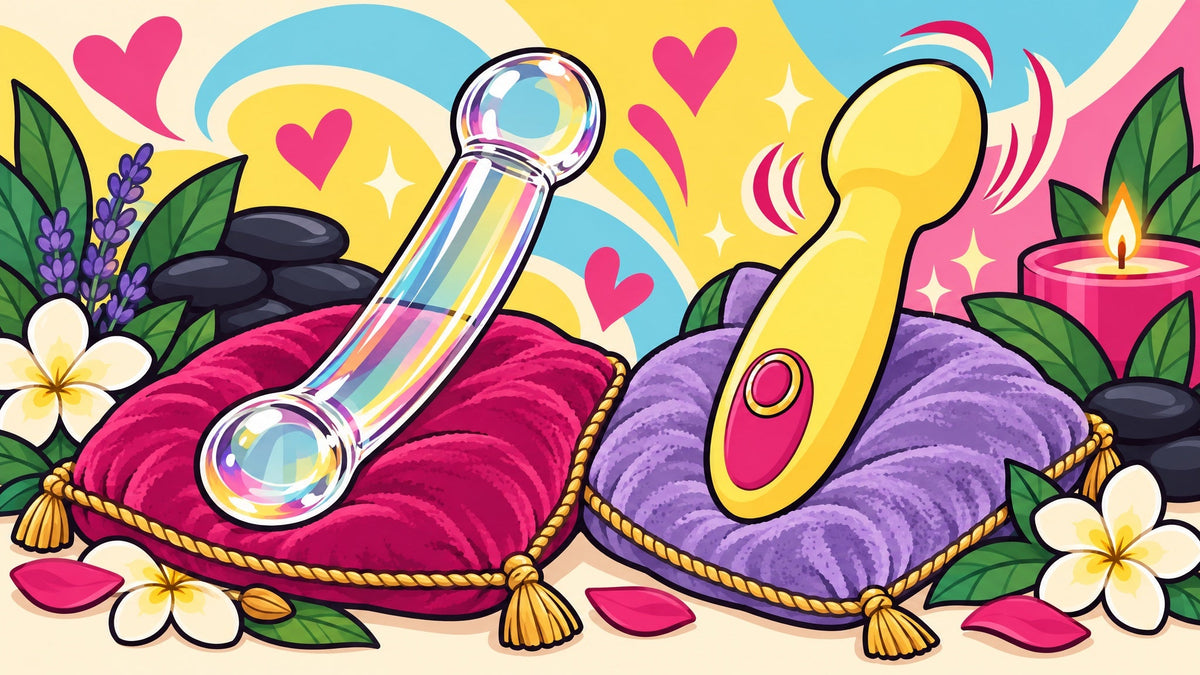 Ilustración comparativa de un dildo de vidrio de borosilicato junto a un vibrador recargable de silicona sobre cojines de terciopelo, sin personas.
