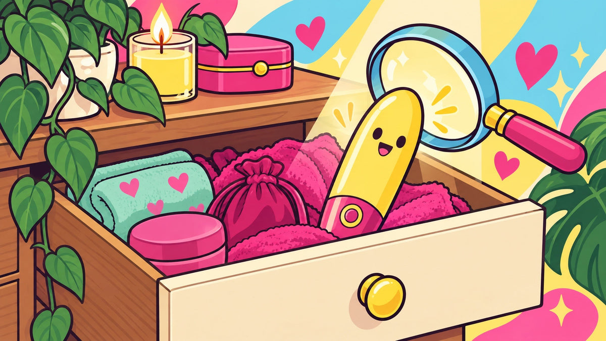 Ilustración de un cajón entreabierto con un vibrador sorprendido bajo un foco de luz y una lupa.