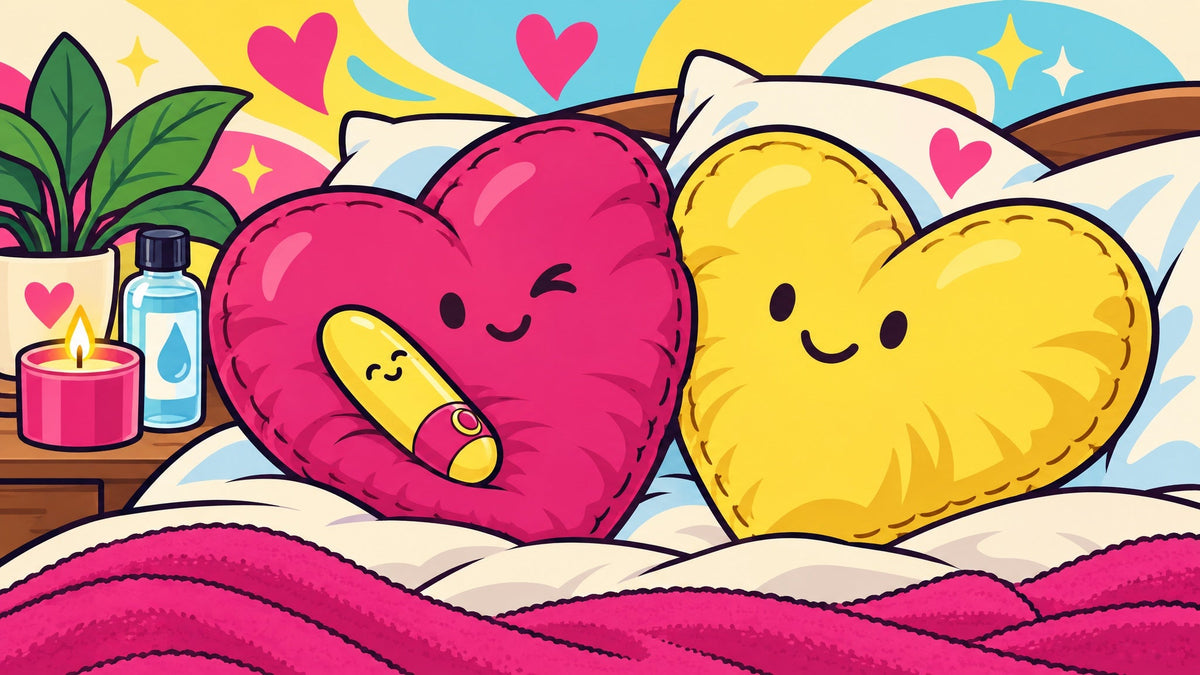 Ilustración de dos cojines en forma de corazón en una cama, uno con una bala vibradora: el placer propio y el de pareja conviven.