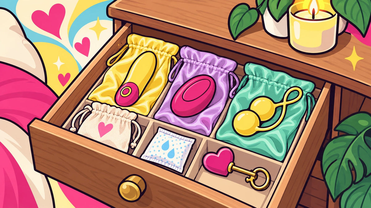 Ilustración de un cajón de mesa de noche ordenado con bolsas de satín, un sobre antihumedad y una llave de corazón.