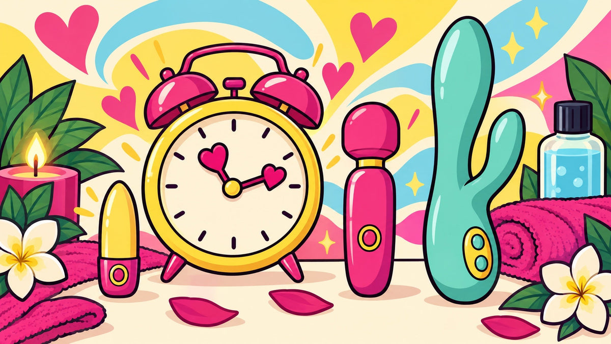 Ilustración de un reloj despertador con manecillas de corazón junto a tres juguetes de distinto tamaño.
