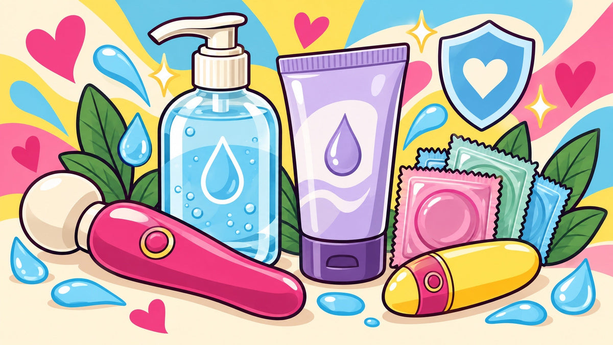 Ilustración educativa con frasco dosificador de lubricante a base de agua, tubo de silicona y preservativos en sobre seguro, sin personas.