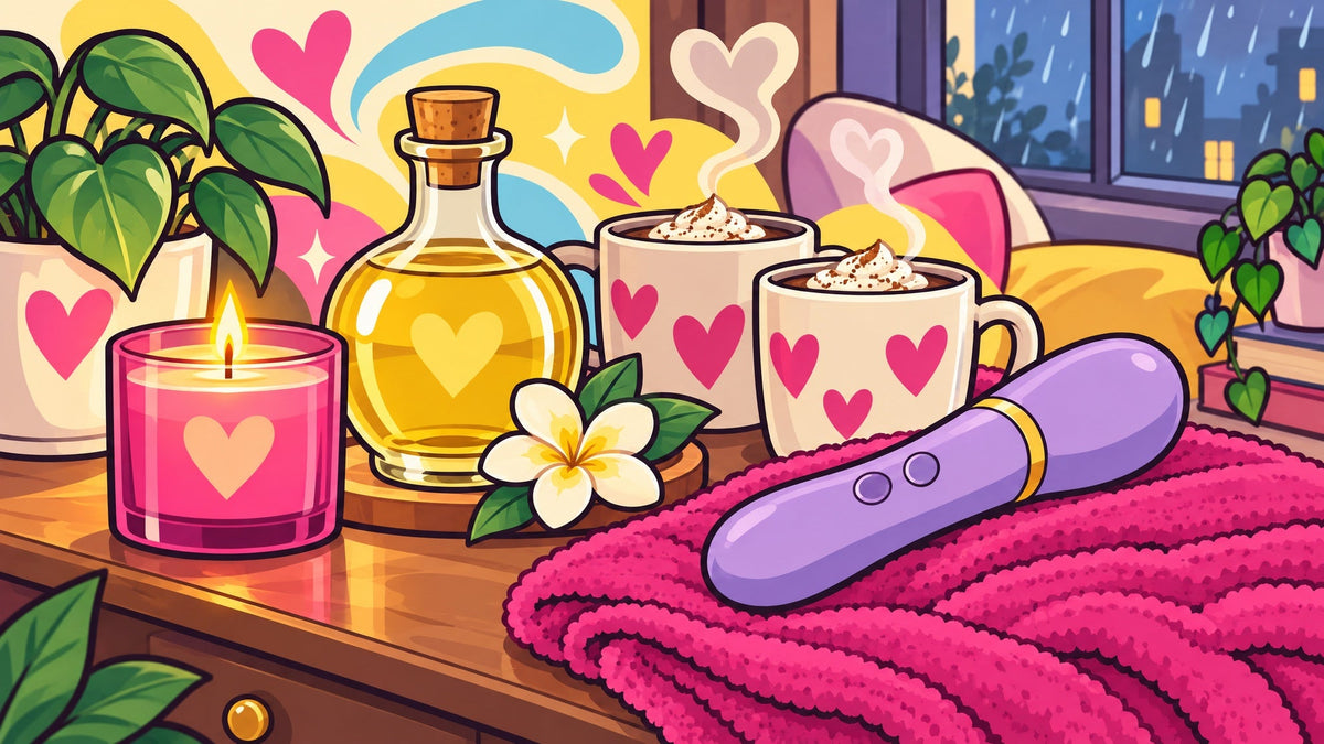 Ilustración de una mesa cálida frente a una ventana con lluvia, aceite de masaje, velas encendidas, dos tazas calientes y un masajeador lila, sin personas.