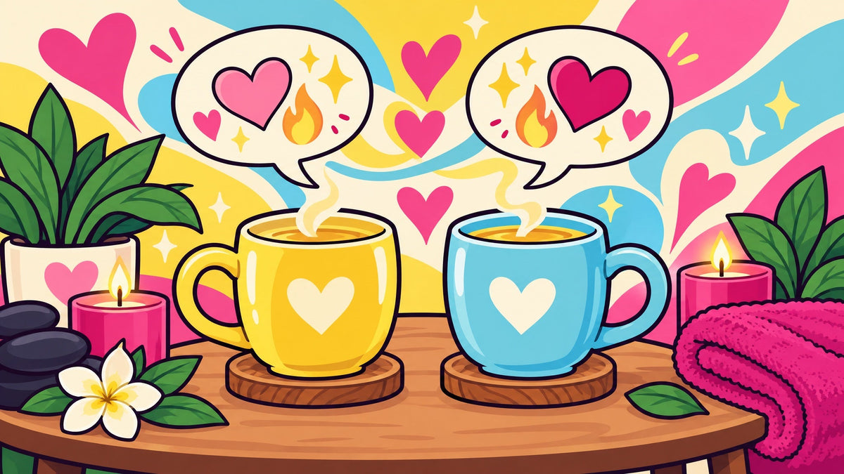 Ilustración de dos tazas de té frente a frente con globos de conversación llenos de corazones.