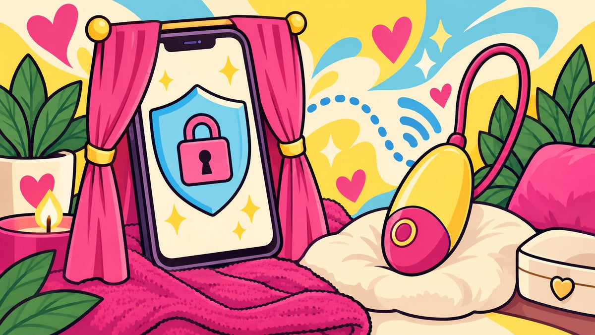Ilustración de un celular con escudo y candado conectado de forma inalámbrica a un vibrador con app.