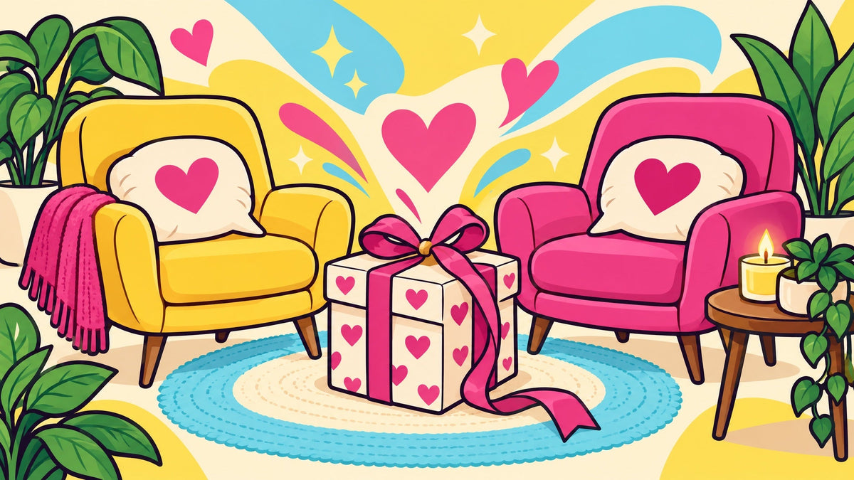 Ilustración de dos sillones frente a frente con una caja de regalo a medio abrir entre ellos.