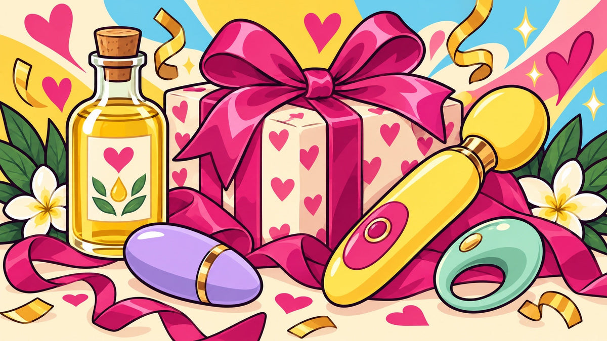 Ilustración de una caja de regalo con lazo de satín, aceite de masaje sensorial y destellos festivos, sin personas.