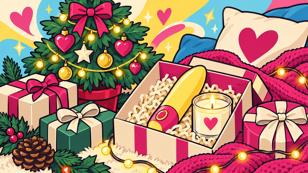 Ilustración de un árbol de Navidad con adornos de corazón y regalos discretos, uno abierto con un vibrador y una vela.