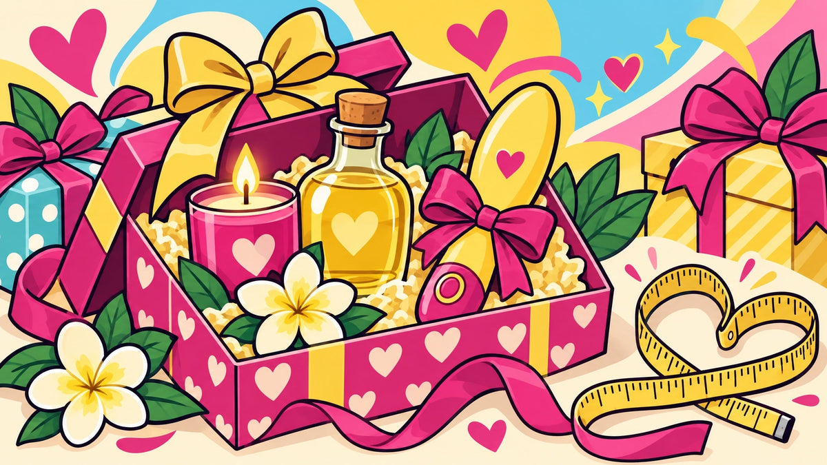 Ilustración de regalos envueltos, uno abierto con aceite de masaje, vela y vibrador, y un metro anudado en forma de corazón.
