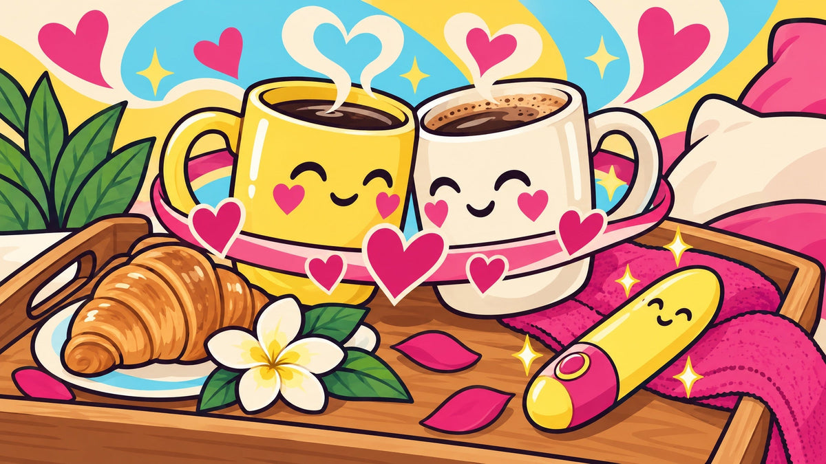 Ilustración de dos tazas con corazones juntas en una bandeja y un vibrador al lado, sin ocupar el lugar de ninguna.