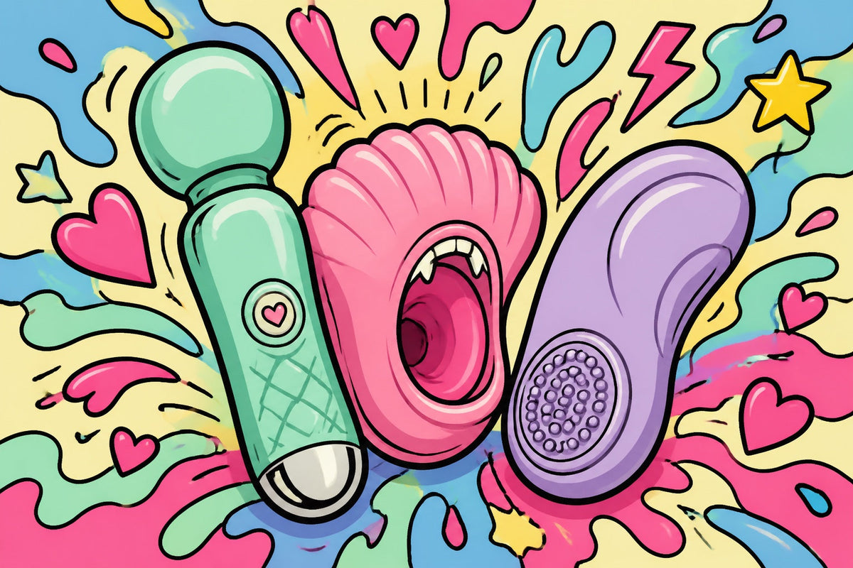 Ilustración gráfica de Vibrador, succionador o masajeador: cuál elegir según el estímulo que disfrutas, sin personas.