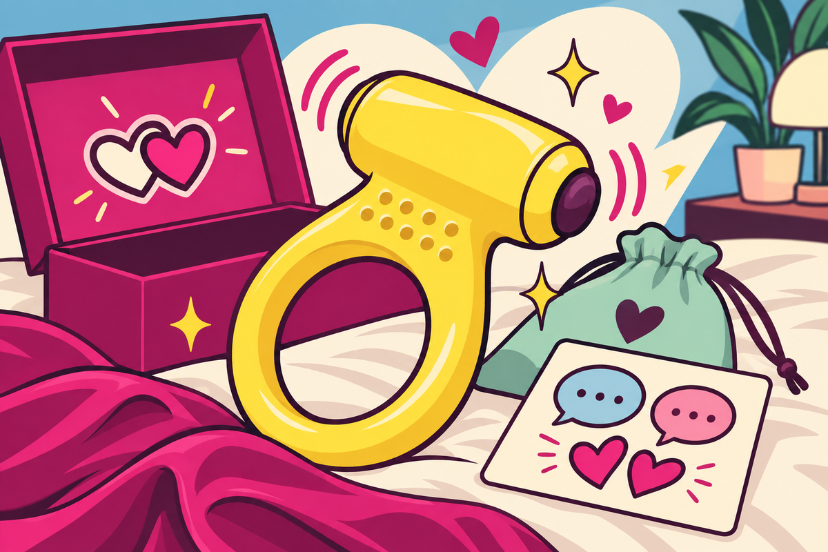 Ilustración editorial sobre anillos vibradores para pareja, cómo funcionan y qué esperar