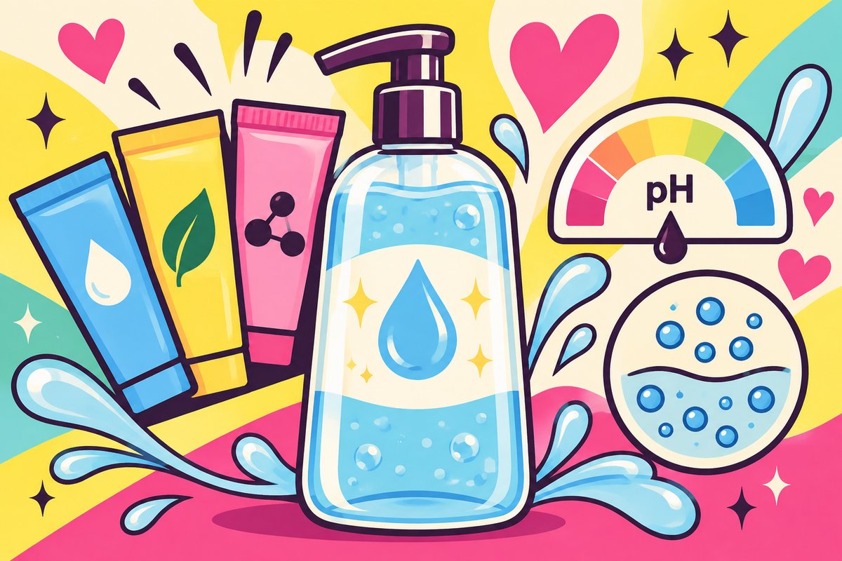 Ilustración editorial sobre cómo elegir el lubricante íntimo ideal: bases, pH y osmolaridad