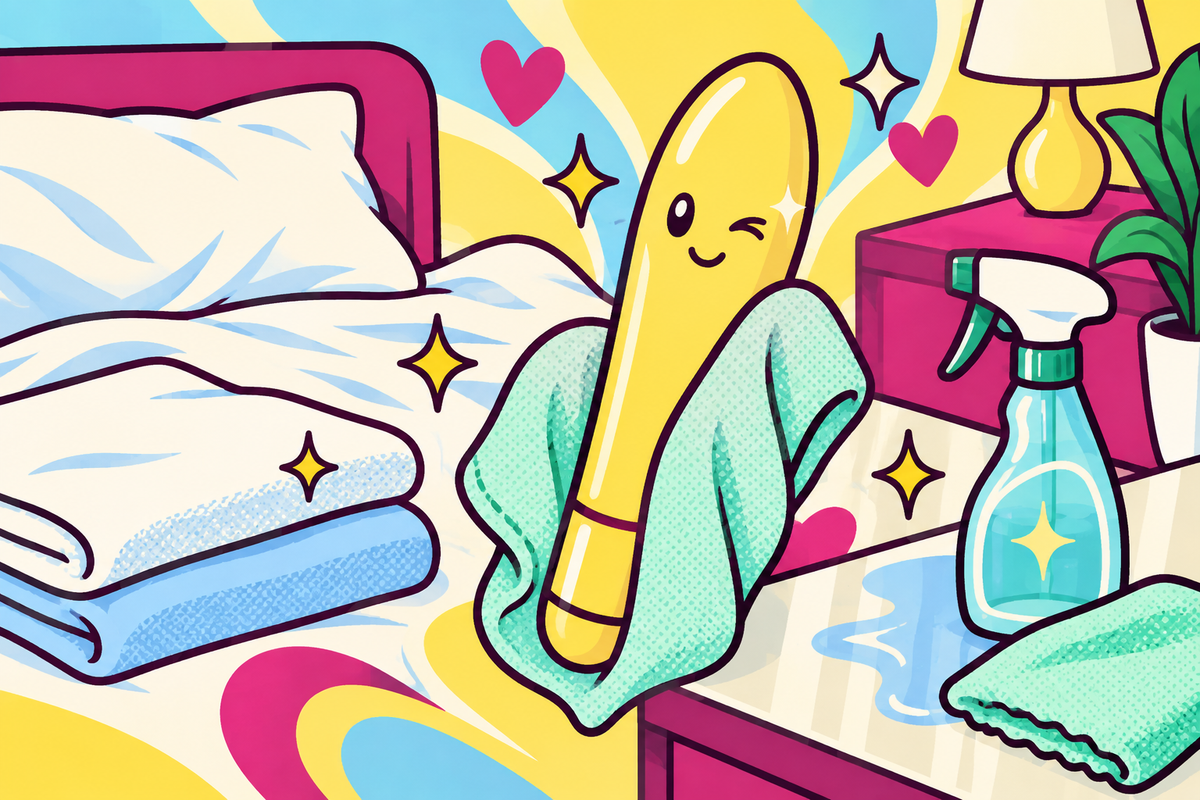Ilustración editorial sobre cómo limpiar residuos de lubricante en piel, sábanas y superficies