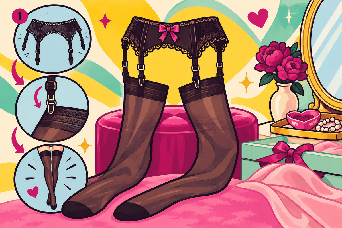 Ilustración editorial sobre cómo usar un liguero y medias paso a paso