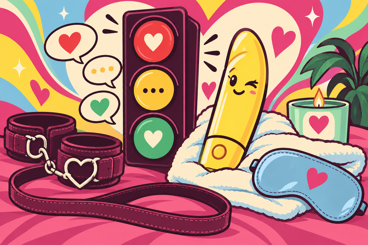 Ilustración editorial sobre palabras de seguridad en bondage: semáforo y aftercare