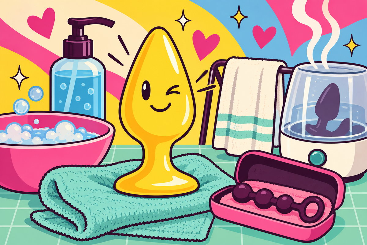 Ilustración editorial sobre cuidado e higiene de juguetes anales: desinfección, secado y esterilización