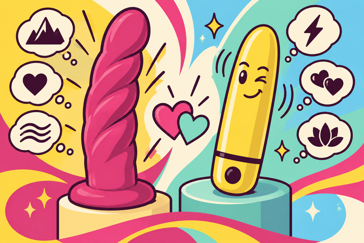 Ilustración editorial sobre dildo o vibrador: cuál elegir según lo que quieres sentir
