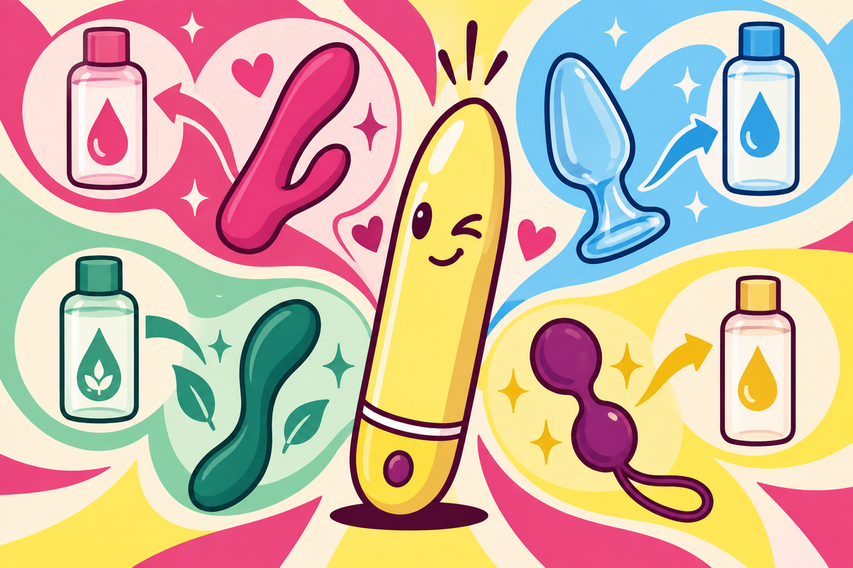 Ilustración editorial sobre qué lubricante va con cada material de juguete sexual