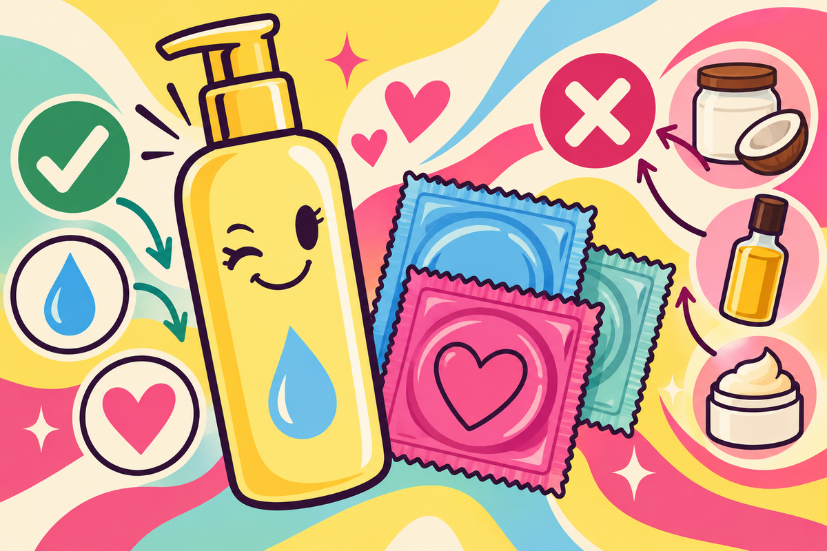 Ilustración editorial sobre lubricantes y preservativos: qué combinar y qué evitar