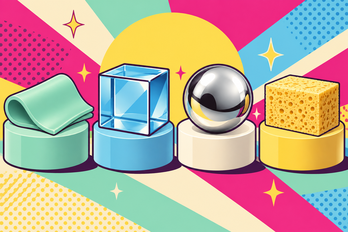 Ilustración editorial sobre materiales de dildos: guía completa entre silicona médica, vidrio, metal y TPE