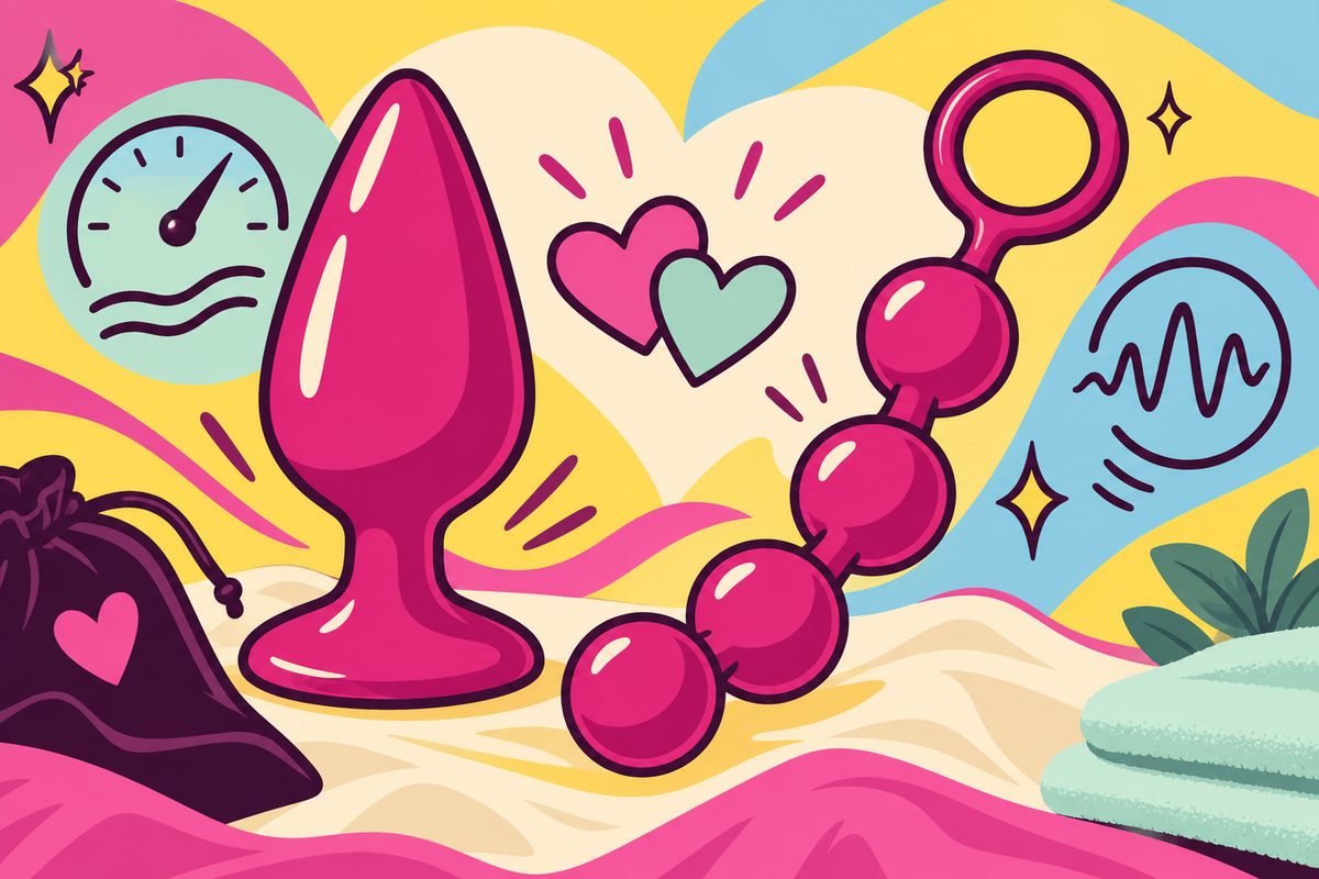 Ilustración editorial sobre plug anal o bolas anales: diferencias en sensaciones, ritmos y usos