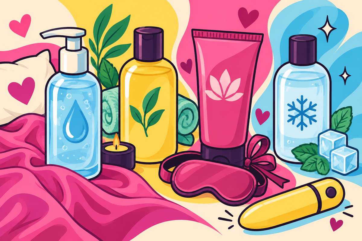 Ilustración editorial sobre tipos de lubricantes íntimos y cuál va con cada plan