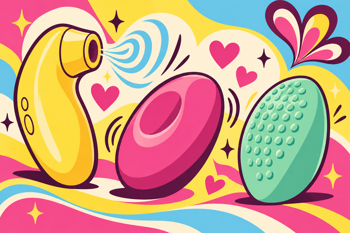 Ilustración editorial sobre vibradores para estimulación del clítoris: ondas de aire, contacto y texturas