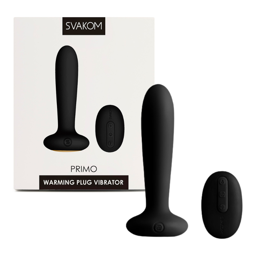 Masajeador prostático Primo Svakom negro con control remoto y su caja, incluido en el Ritual Explorador
