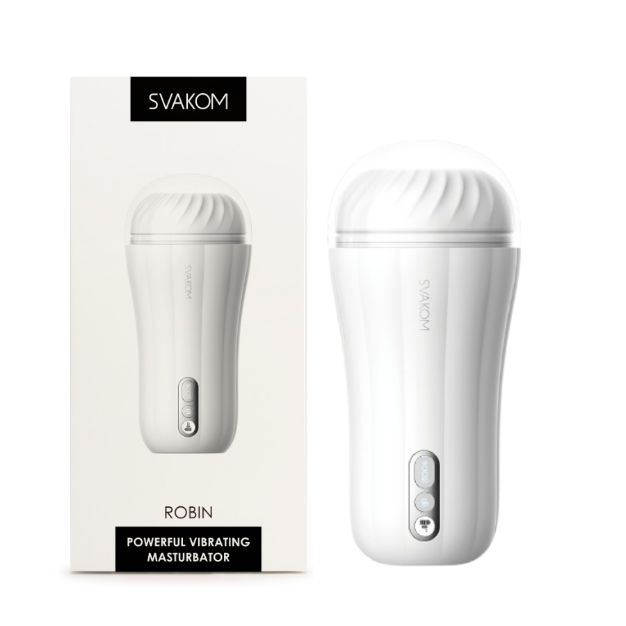 Masturbador vibrador Robin Svakom blanco con su caja, incluido en el kit