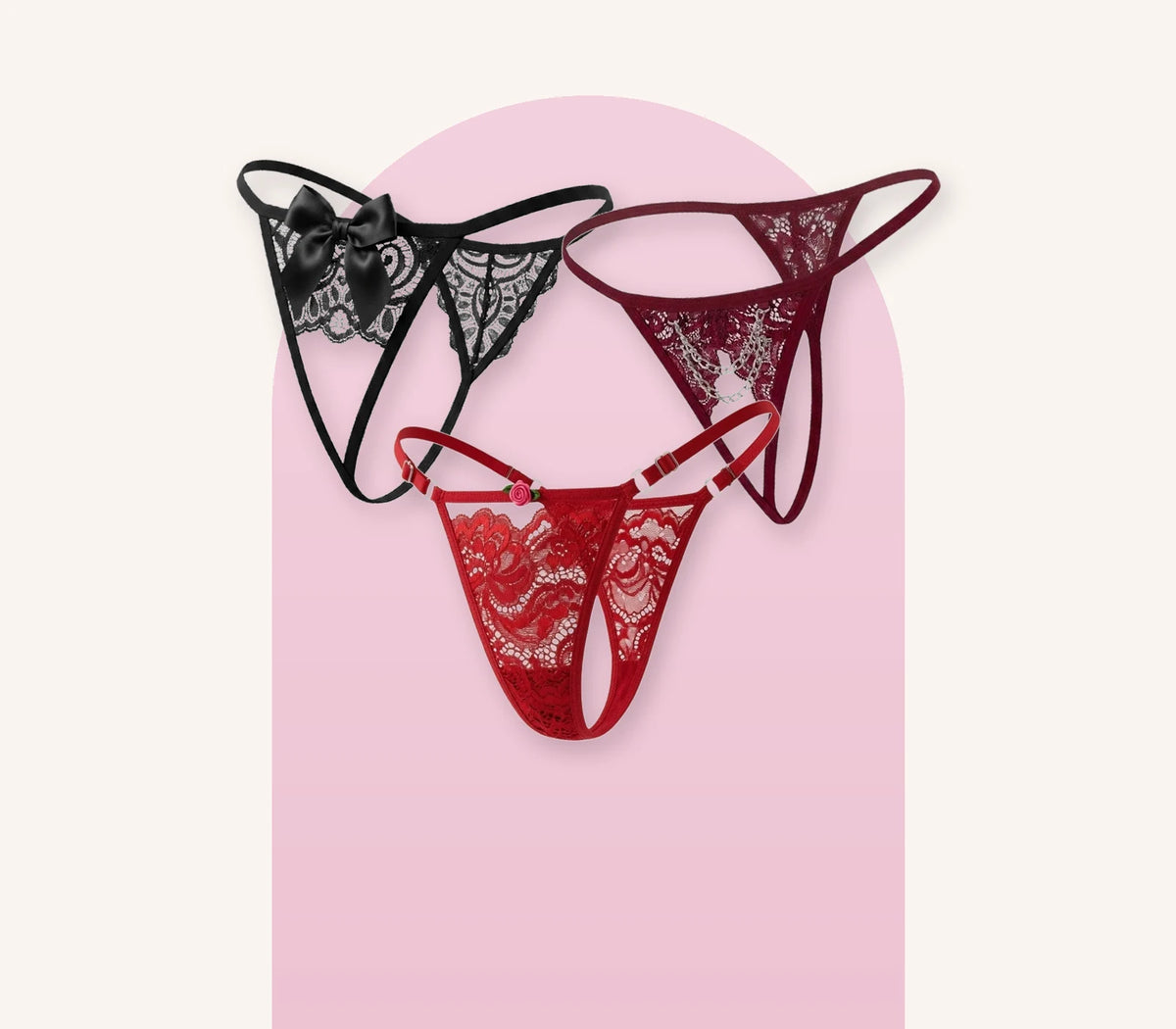 Tres tangas de encaje de Pandora en negro con moño, vino tinto y rojo
