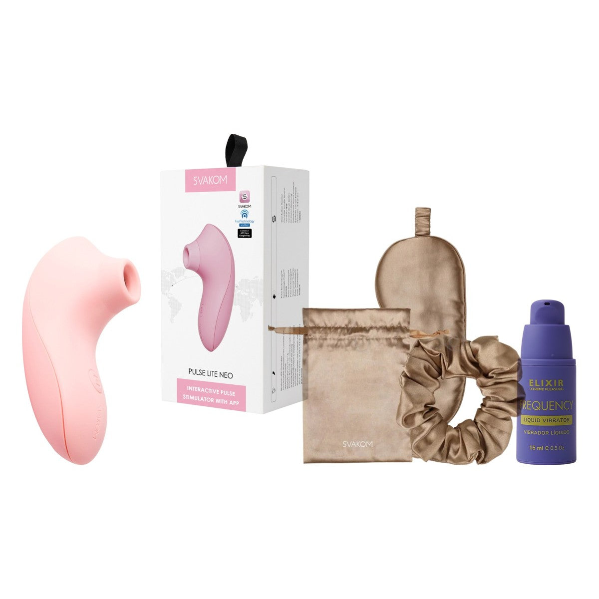 Kit Autoamor: succionador Pulse Lite Neo Svakom, antifaz y lubricante