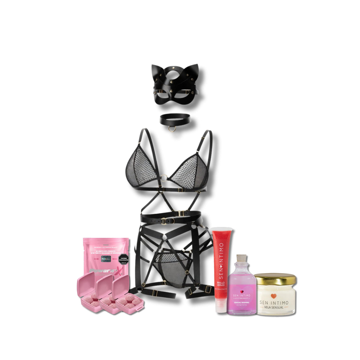 Kit Encanto Salvaje, disfraz de gatúbela, vigorizante y set de masajes