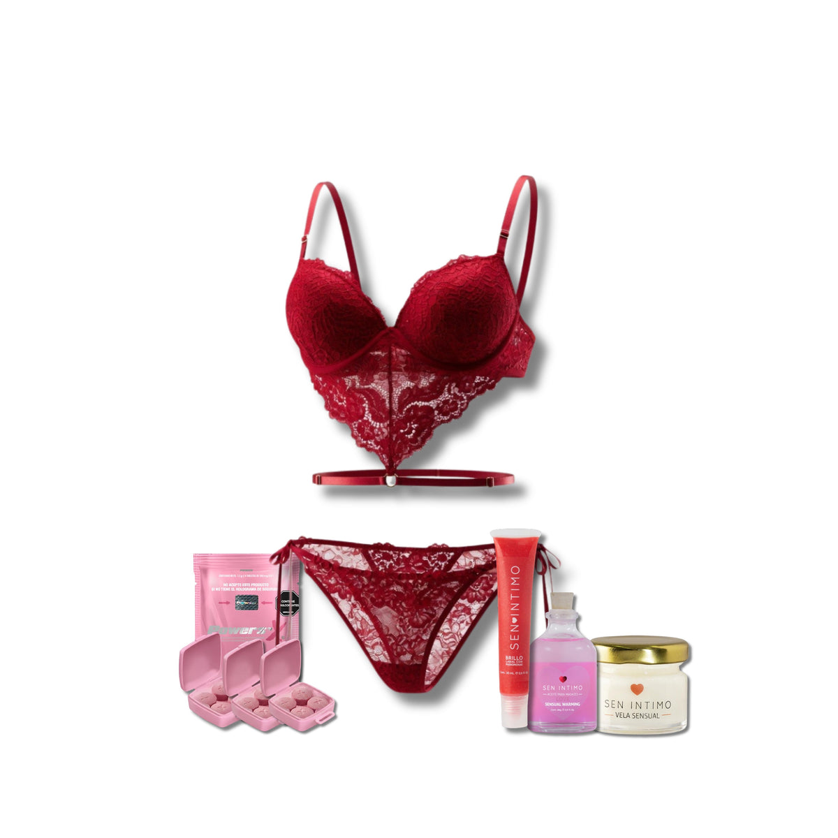 Kit Maddie: lencería roja en encaje, vigorizante y set de masajes