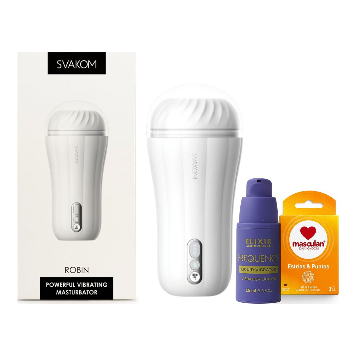 Kit Para Él: masturbador Robin Svakom, lubricante y condones
