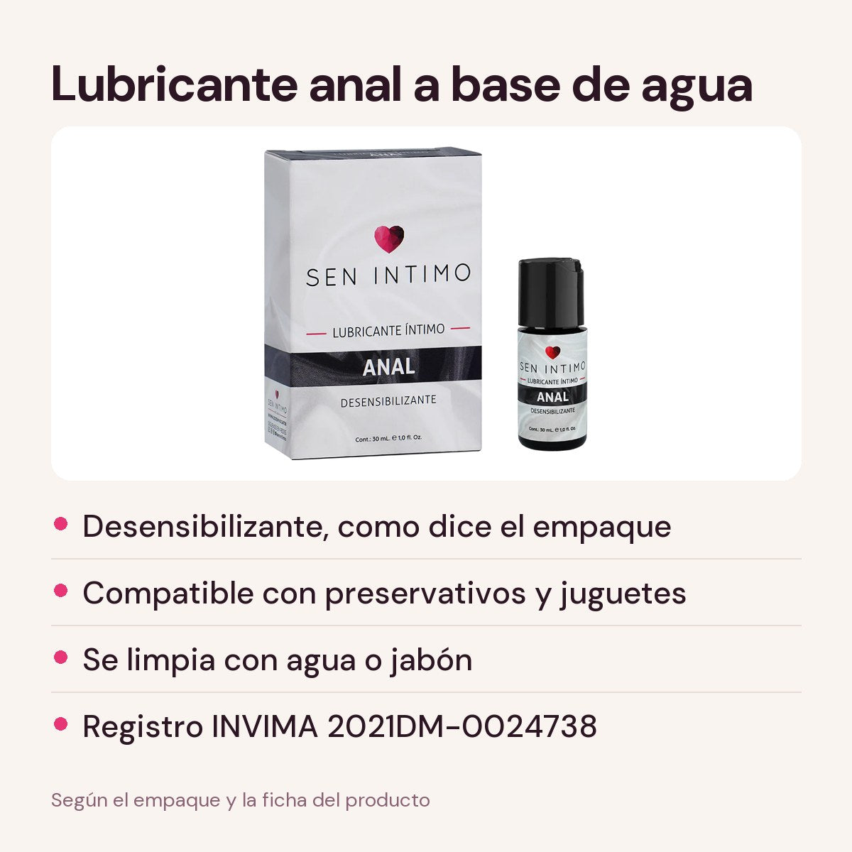 Lubricante Anal Desensibilizante Sen Intimo: a base de agua, compatible con preservativos y juguetes
