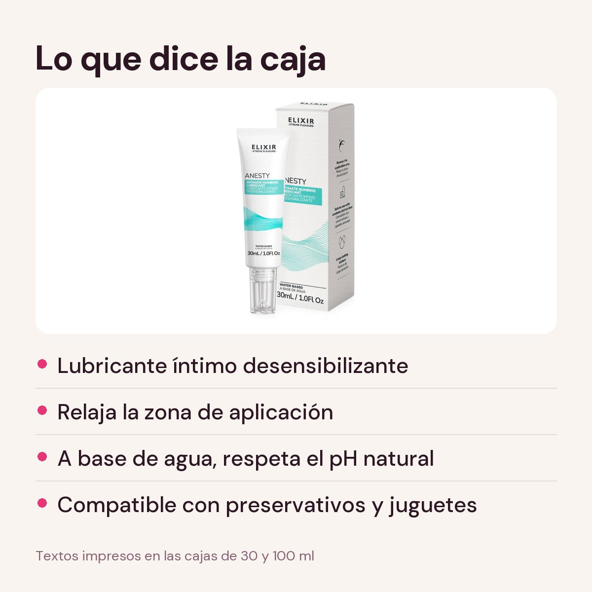 Anesty Elixir según la caja: lubricante íntimo desensibilizante a base de agua, compatible con preservativos y juguetes