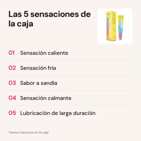 Las 5 sensaciones que nombra la caja del lubricante 5 Sensaciones Elixir