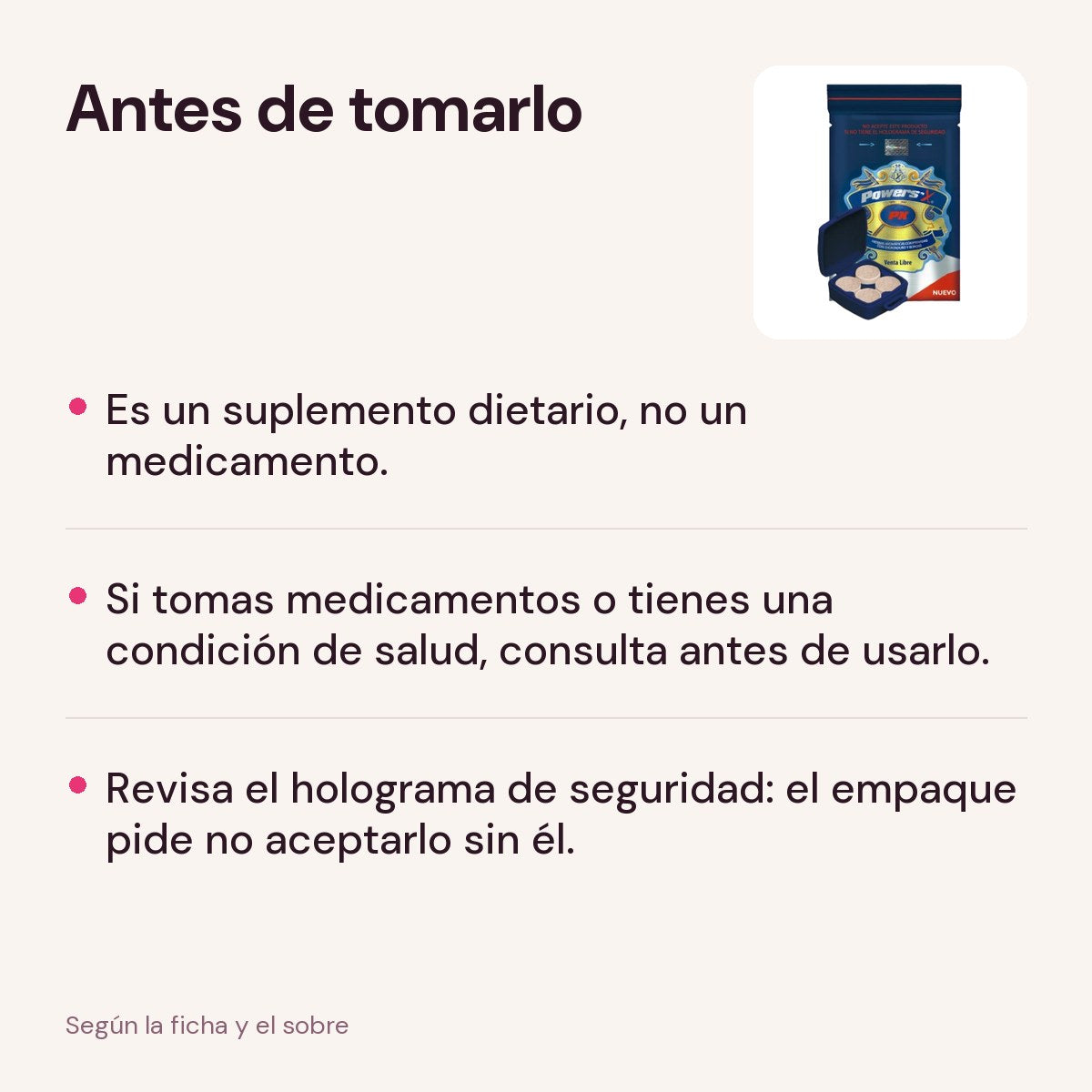 Antes de tomar el Vigorizante Natural Power Sex: no es un medicamento, revisa el holograma de seguridad