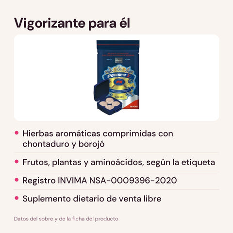 Vigorizante Natural Power Sex: comprimidos con chontaduro y borojó, registro INVIMA NSA-0009396-2020