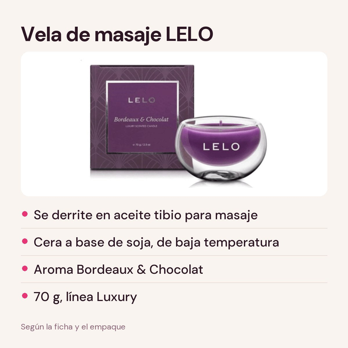 Vela de masaje LELO Bordeaux & Chocolat: cera de soja que se derrite en aceite tibio, 70 g
