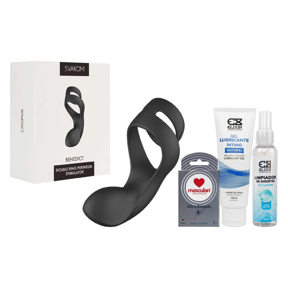 Ritual Pareja: anillo vibrador Benedict Svakom, lubricante y condones