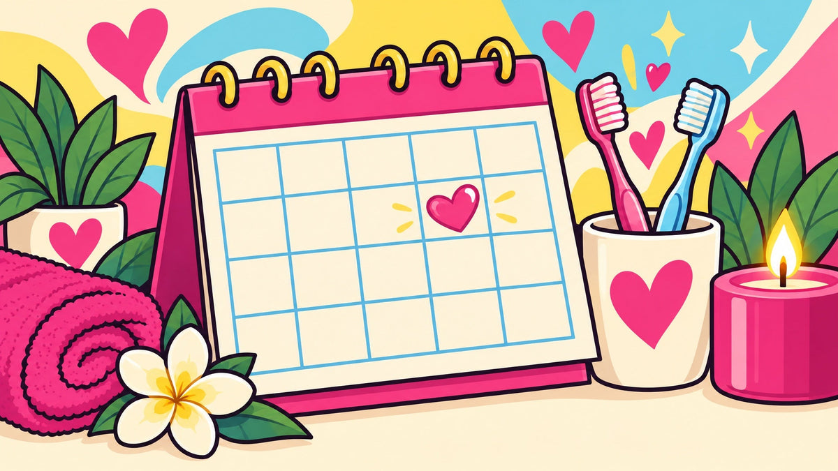 Ilustración de un calendario con un corazón marcado en un día, dos cepillos de dientes juntos y una vela.