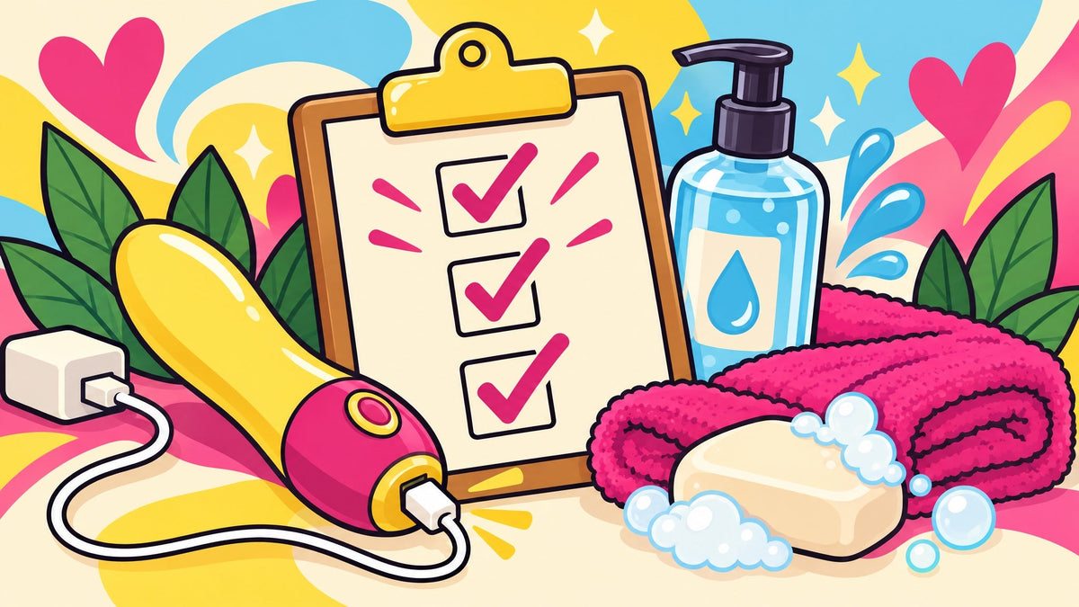 Ilustración de una lista con tres chulos, un vibrador cargando, un lubricante, una toalla y un jabón.