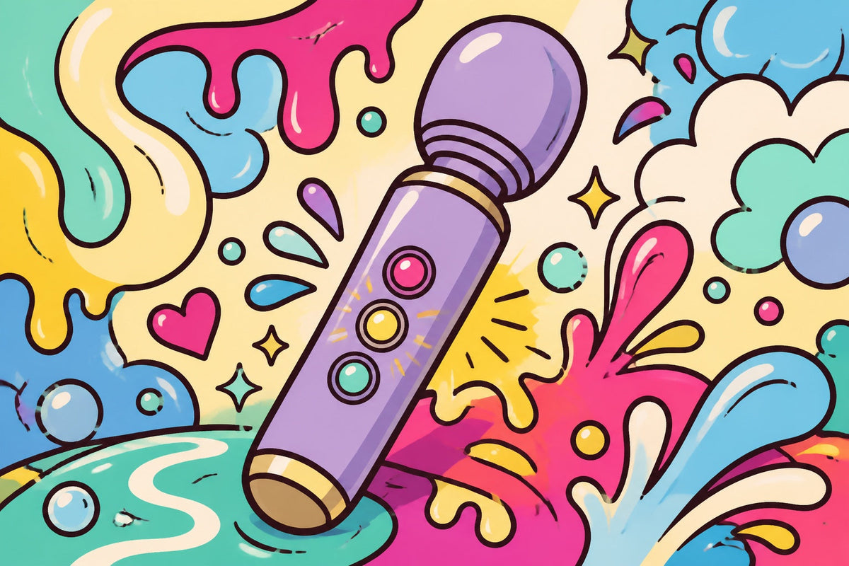Ilustración de un vibrador masajeador lila con tres botones de colores rodeado de ondas suaves, corazones y destellos.